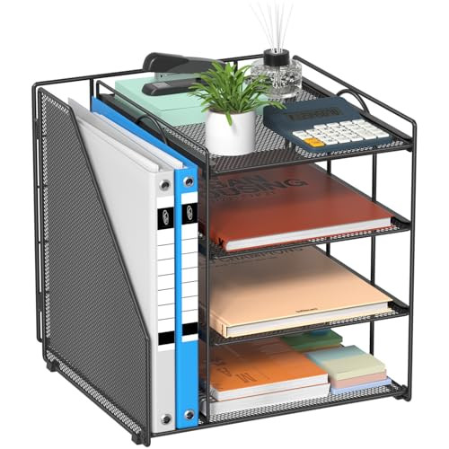 Becomrock Desk Organizer, 4-Tier Metal Paper Organizer for Desk with Vertical File Holder, Office Accessories and Desktop Storage for Office Supplies