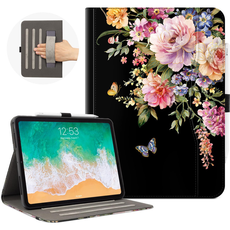 Vimorco for iPad Pro 13 Inch Case M5/M4 2025/2024 Black Floral, for iPad Pro 13 Case for Girls Women, Pencil Holder/Hand Strap/Pocket/Screen Protecti