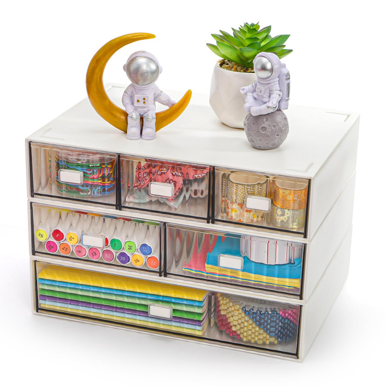 Hacaroa 3 Tier Mini Desk Organizer with 6 Drawers, Plastic Desktop Drawers Storage Box, Stackable Makeup Organizer Craft Storage Case for Office, Sch