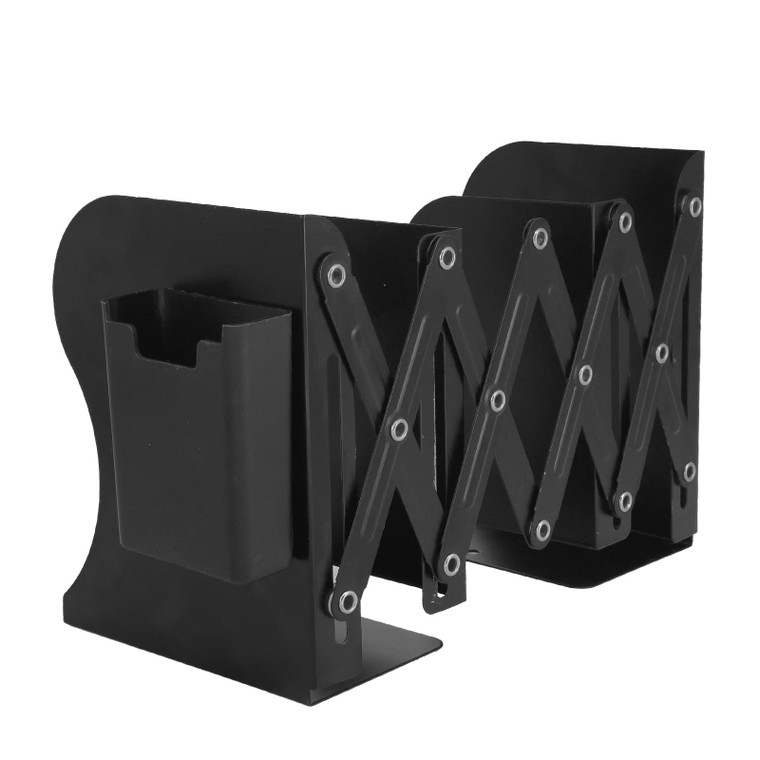 Adjustable Metal Bookends with Detachable Magnetic Pen Holder - Durable Expandable Book Stand for Desk, Office, and Home Decorative Bookends