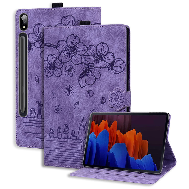 Dteck Case for Samsung Galaxy Tab S9 Plus/S8 Plus/S7 FE/S7 Plus 12.4" with S Pen Holder, Premium PU Leather Embossed Flower Folio Case Multi-Viewing