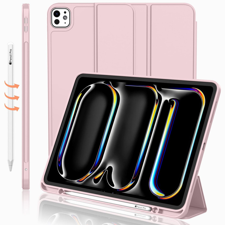 iMieet Case for iPad Pro 11 Inch (M5) 2025 /(M4) 2024 5th Gen, Trifold Stand Smart Cover with Pencil Holder and Soft TPU Back, Auto Wake/Sleep (Pink)