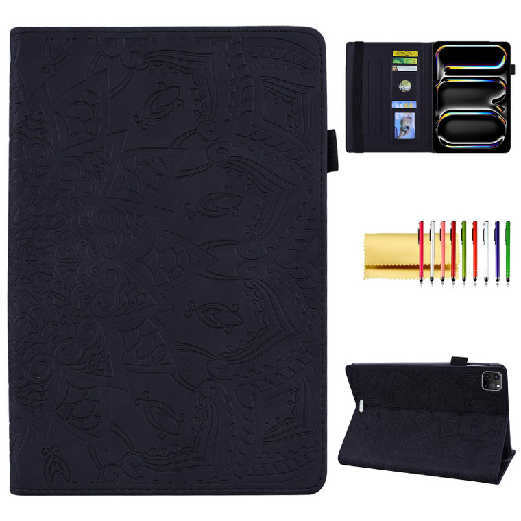Folio Case for iPad Pro 11 M4 M5 (2024-2025), Techcircle Anti-Slip Stand Mandala Embossed PU Leather Soft TPU Back Protective Cover with Elastic Stra