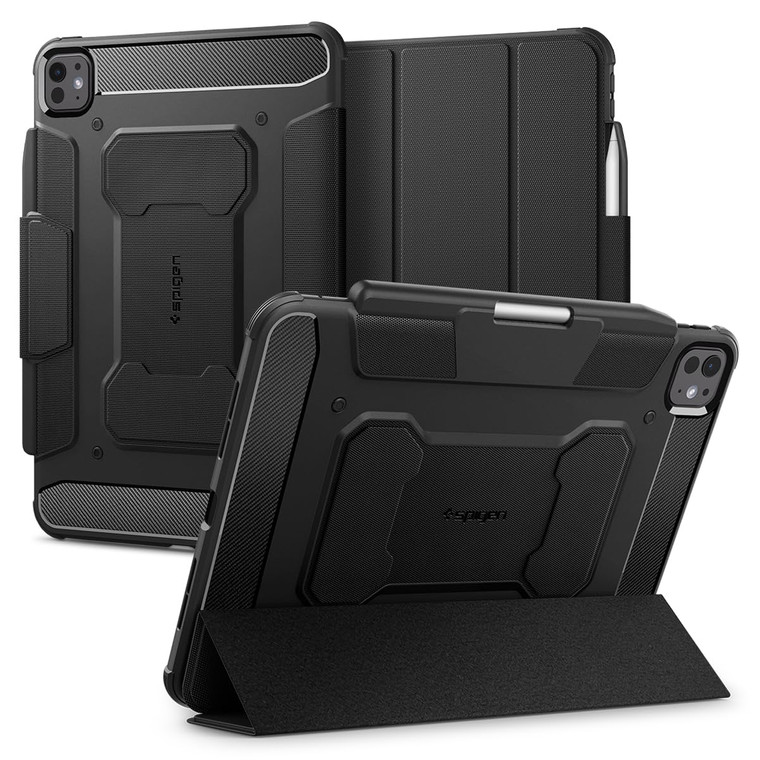 Spigen for iPad Pro 11 inch Case M5/M4 (2025-2024), Rugged Armor Pro, Tri-fold Kickstand Protective Folio Cover with Pencil Holder, Supports Auto Wak