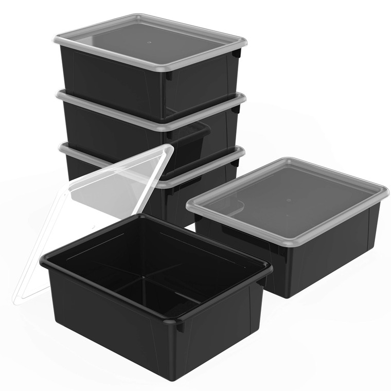 Storex Letter Size Deep Storage Tray  Organizer Bin with Non-Snap Lid for Classroom, Office and Home, Black, 5-Pack (62543U05C)