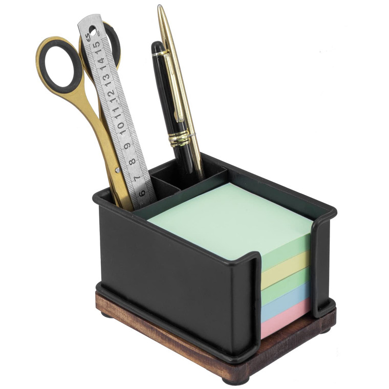MyGift Modern Industrial Matte Black Metal Office Stationery Organizer with Sticky Note Holder, 2 Pen Storage Compartments and Rustic Burnt Solid Woo
