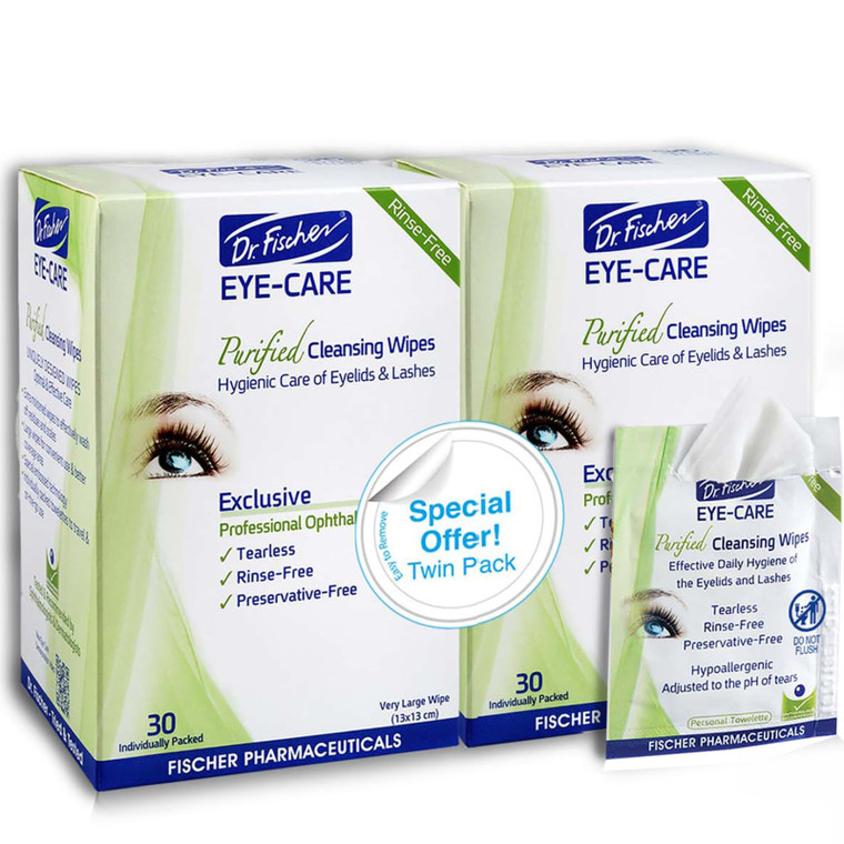 Dr. Fischer Eyelid Wipes - Hypoallergenic Preservative-Free Eye Cleansing Wipes for Sensitive Eyelids (Twin Pack).