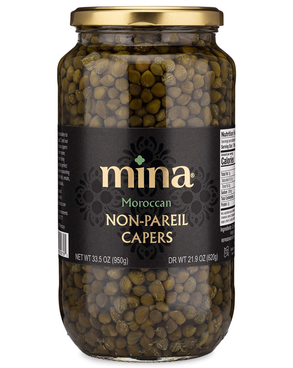 Mina Capers Non Pareil 33.5 oz, Perfect Mediterranean Seasoning or Garnish, Made with only Capers, Water, Vinegar and Sea Salt, Non GMO, Keto, Vegan,