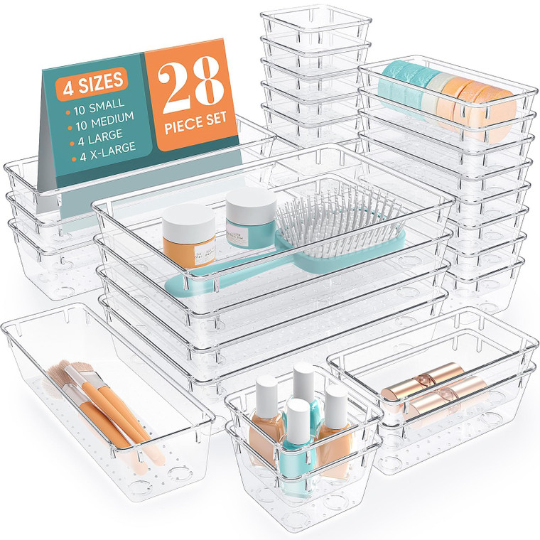 StorMiracle 28 PCS Clear Plastic Drawer Organizers Set, 4 Size Desk Drawer Organizer Trays for Makeup, Jewelry, Kitchen Utensils, Gadgets and Office