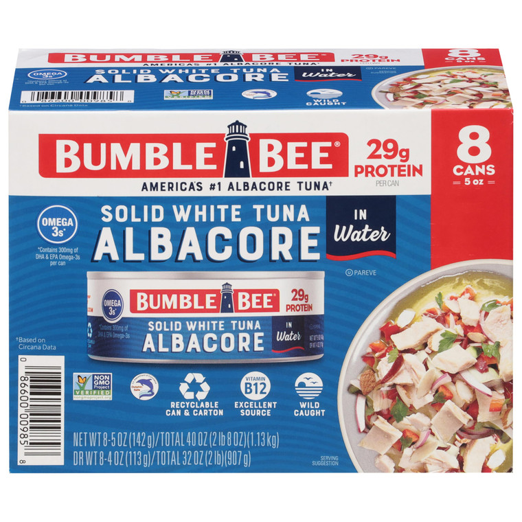 Bumble Bee Solid White Albacore Tuna in Water, 5 oz Can (Pack of 8) - Wild Caught Tuna - 29g Protein per Serving, High in Omega-3s - Non-GMO Project