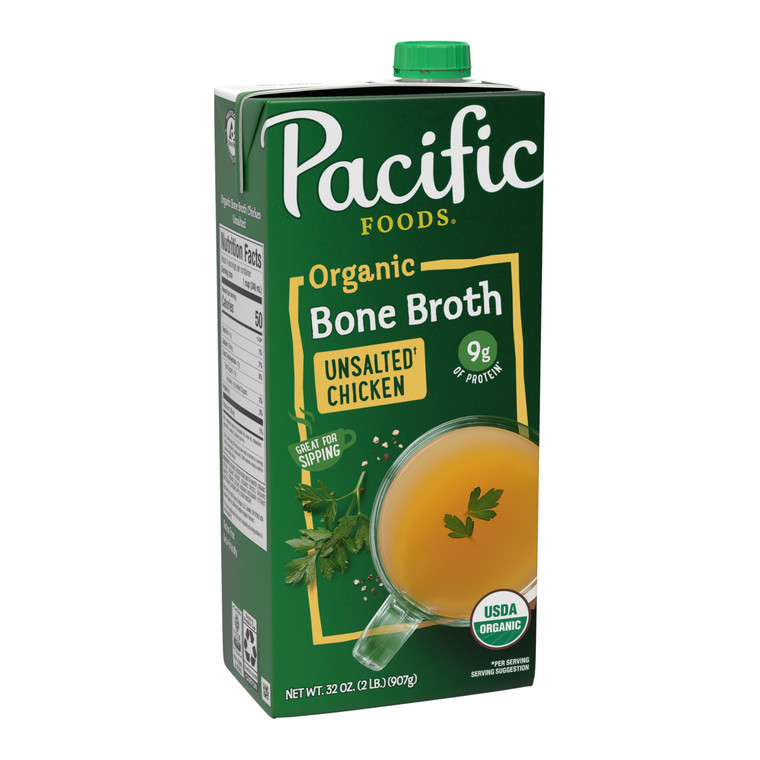 Pacific Foods Organic Unsalted Chicken Bone Broth, 32 oz Carton