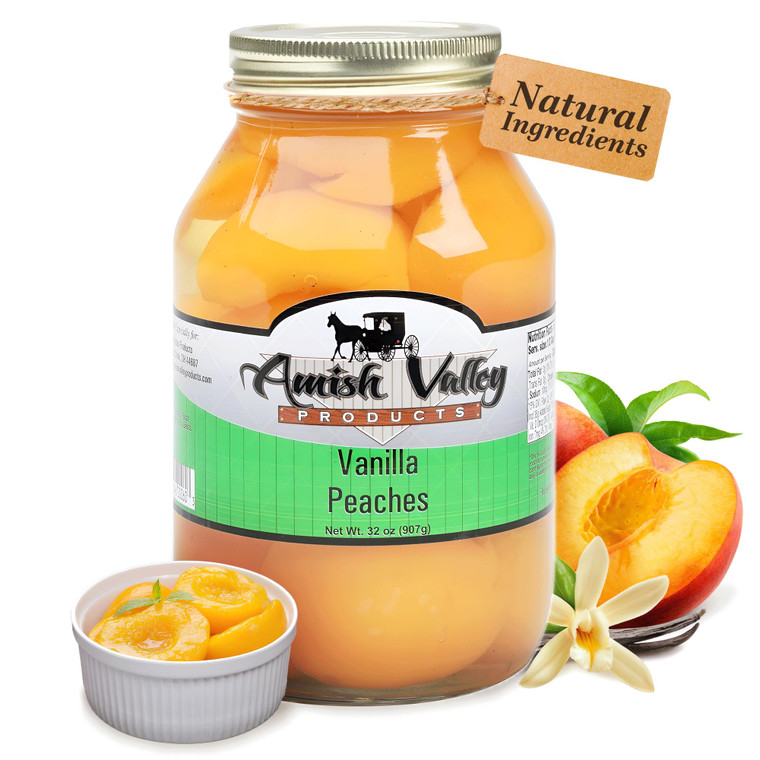 Amish Valley Products Old Fashioned VANILLA Peaches Halves Canned Jarred Peach in 32 oz Glass Jar
