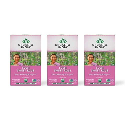 ORGANIC INDIA Tulsi Sweet Rose Herbal Tea - Holy Basil Leaf, African Basil, Chamomile, Lemon Myrtle, Stress Relieving, Caffeine Free - 18 Bags, 3 Pac
