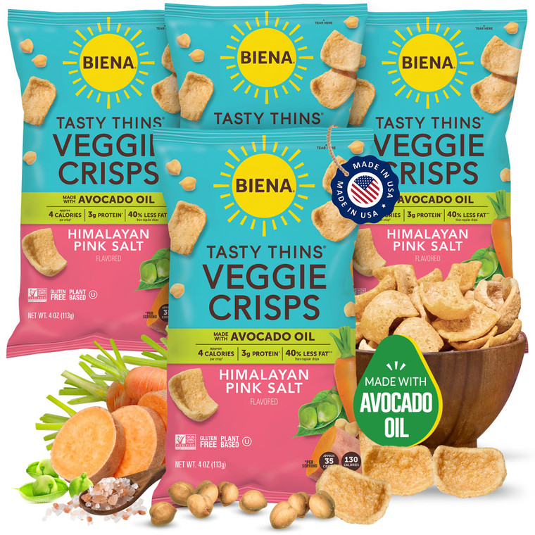 BIENA Tasty Thins Veggie Crisps - Made with Avocado Oil - Low Calorie Veggie Chips for Adults and Kids - 4-Pack, 4 Ounce Bags - Himalayan Pink Salt