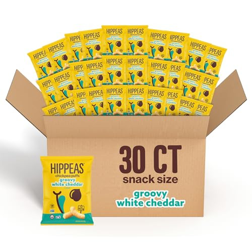 HIPPEAS Chickpea Puffs, Groovy White Cheddar, Gluten Free Snacks, Dairy Free, Vegan, 0.8oz, Pack of 30, 3g Protein, 2g Fiber, Crunchy, Nutritious, Ba