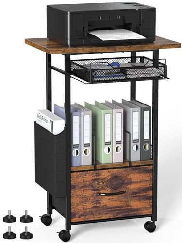 Mobile 3-Tier Printer Stand with 2-Drawer File Cabinet, 24 Extended Desktop & Lockable Wheels, Adjustable Rolling Cart for Home Office Storage (Rusti