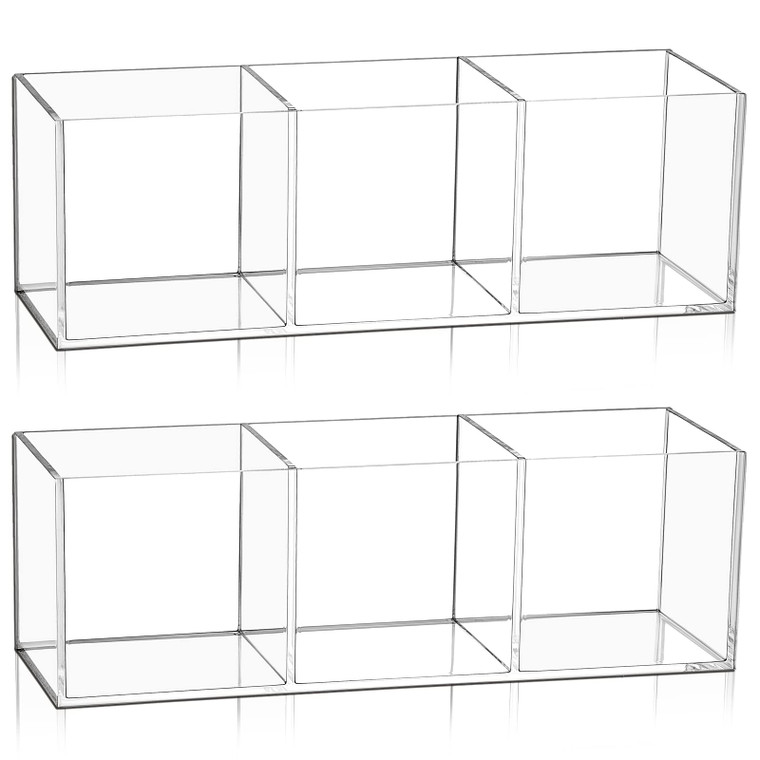 Epakh 2 Pieces Acrylic Cube Organizer 3 Compartments Clear Acrylic Pencil Holder Makeup Brush Drawer Organizer for Desk, Office, Vanity