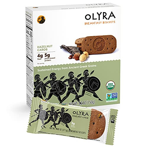 Olyra Hazelnut Carob Breakfast Biscuits, Healthy Snacks for Kids and Adults, Low Sugar, High Fiber, Vegan Organic Cookies, with Ancient Greek Grains,
