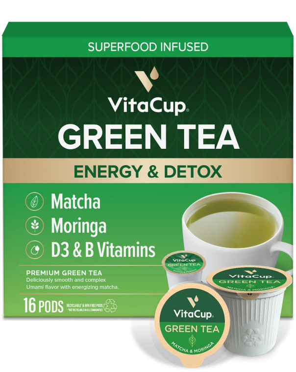 VitaCup Green Tea Pods, Enhance Energy & Detox with Matcha, Moringa, B Vitamins, D3, Keto, Paleo, Vegan, Recyclable Single Serve Pod, Compatible with