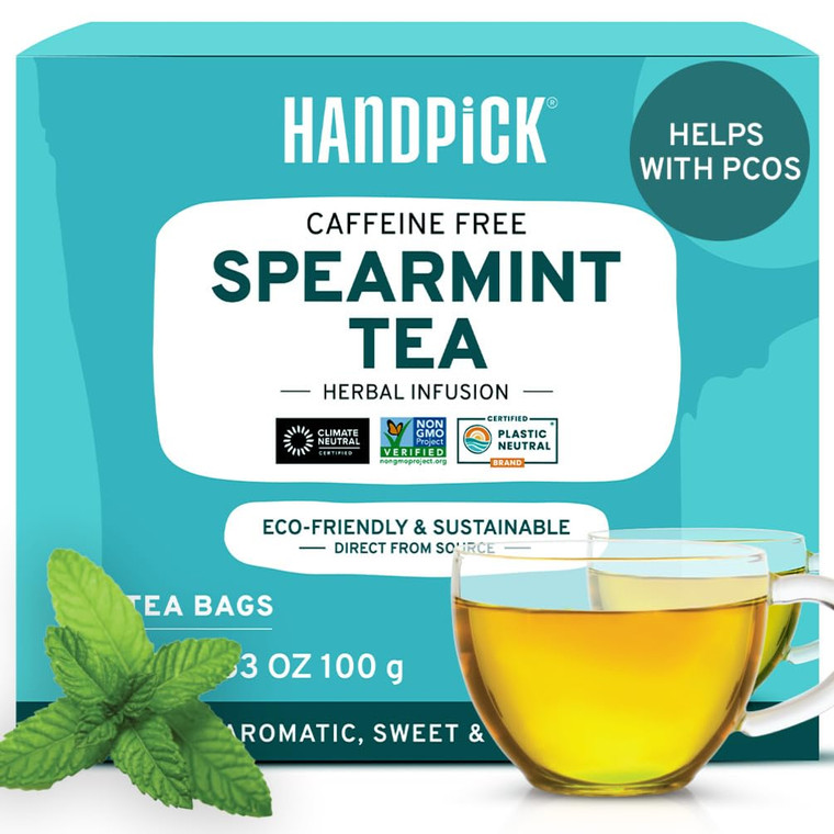 HANDPICK, Spearmint Tea Bags (100 Herbal Tea Bags) |Refreshing Mint Tea | Non-GMO | Round Eco-Conscious Teabags