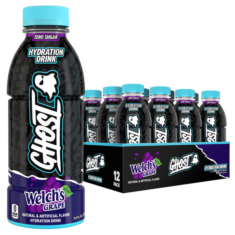 GHOST Hydration Drink, Welchs Grape - RTD Sports Drink with Electrolytes, Natural Vitamins & Minerals - All Day Lifestyle Hydration Beverage - Zero