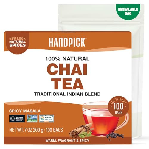 HANDPICK Masala Chai Tea Bags (100 Count) Strong Robust & Aromatic, Blended with Exotic Spices, Cinnamon, Black Pepper, Cloves & Cardamom - Premium Q