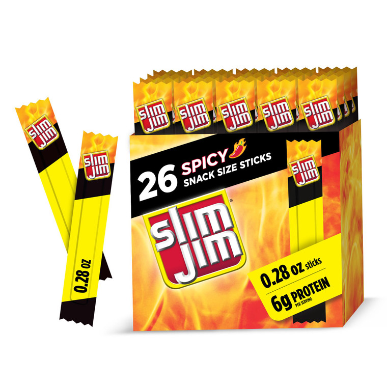 Slim Jim Smoked Meat Sticks, Spicy Flavor, 6g Protein Per Serving, Snack Size, 0.28 oz. (26 Count)