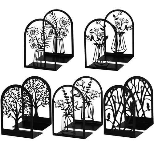 Faccito 5 Pairs Book Ends, Black Metal Bookends for Shelves Decorative, Non Skid Tree Stopper and Flower Book Stoppers Holder for Home Office School