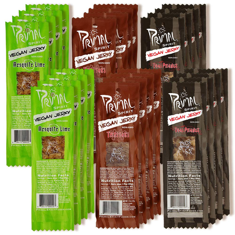 Primal Spirit Vegan Jerky - Seitan Power Pack, 10 g. Plant Based Protein, Certified Non-GMO, No Preservatives ("The Classics" Teriyaki, Thai Peanut,