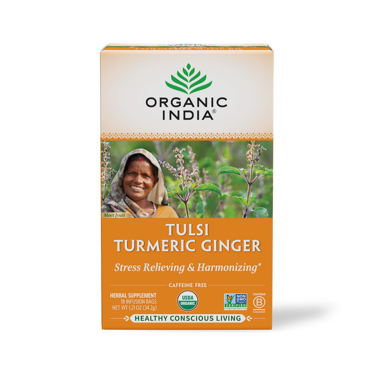 ORGANIC INDIA Tulsi Turmeric Ginger Tea Bags- Herbal Tea, Ginger Turmeric Tea, Immune Support, Aids Digestion, Caffeine-Free- 18 Infusion Bags, 1 Pac