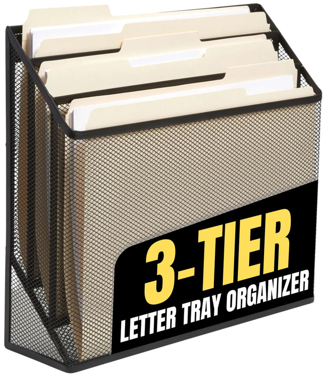 1InTheOffice 3 Tiers File Folder Organizer, Desk Sorter, Black Mesh Organizer
