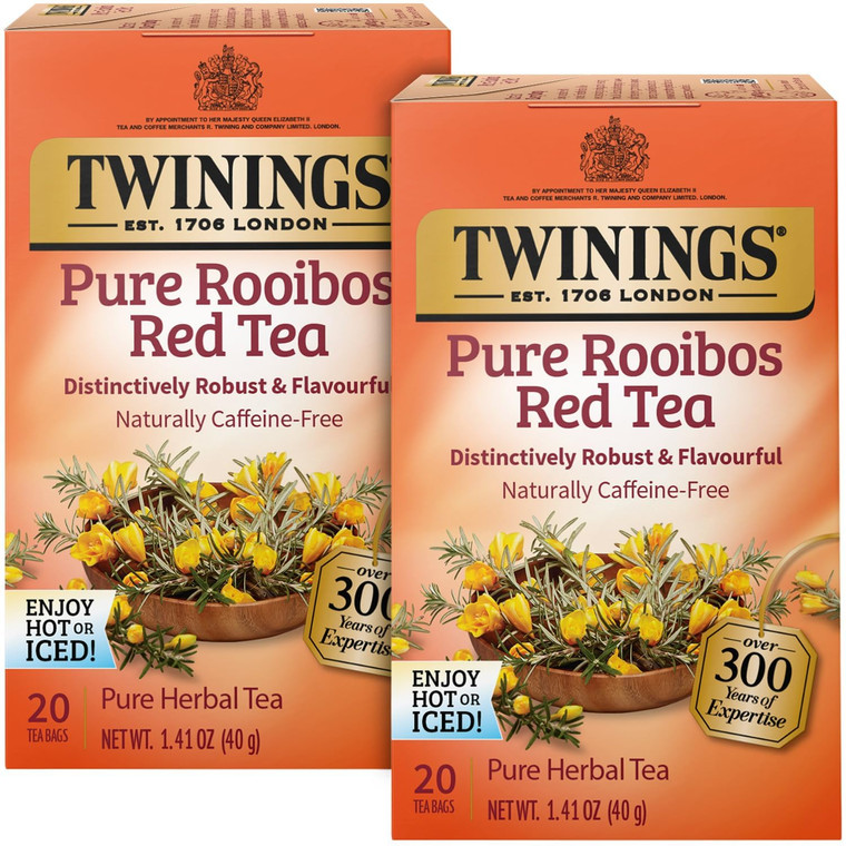 Twinings Pure Rooibos Red Tea - A Naturally Sweet and Tangy Red Tea, Caffeine-Free Herbal Tea Bags, Individually Wrapped, 20 Count (Pack of 2)