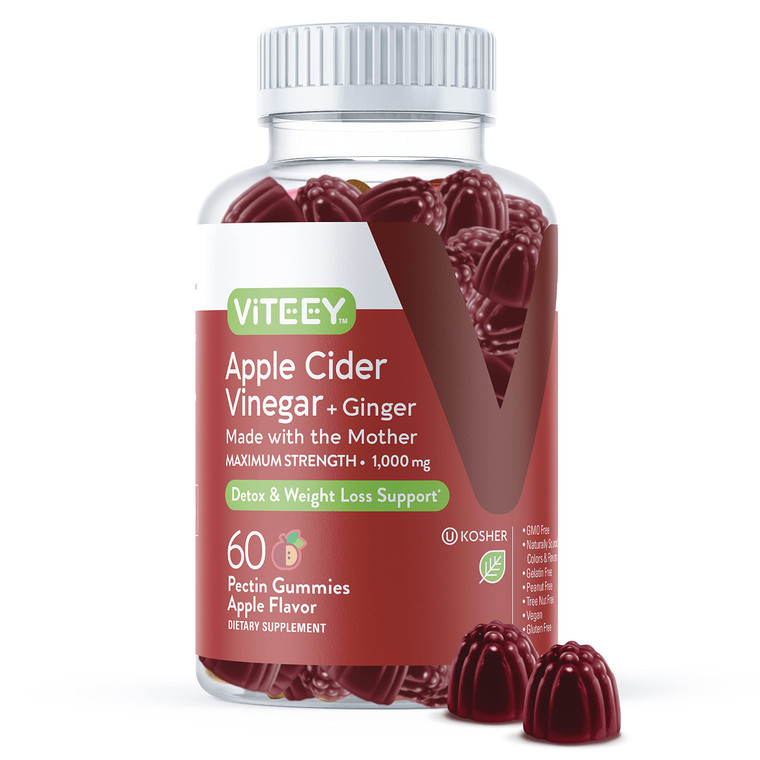 Viteey Apple Cider Vinegar Gummies and Ginger  1000 mg ACV Gummies for Weight Loss, Detox and Digestion  Vegan, Gluten-Free  60 Count