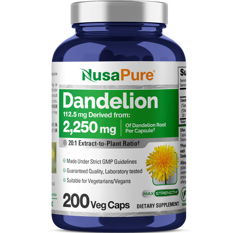 NusaPure Dandelion Root 20:1 Extract, 112.5 mg Equivalent to 2,250 mg 200 Veggie Capsules (Non-GMO, Vegan)