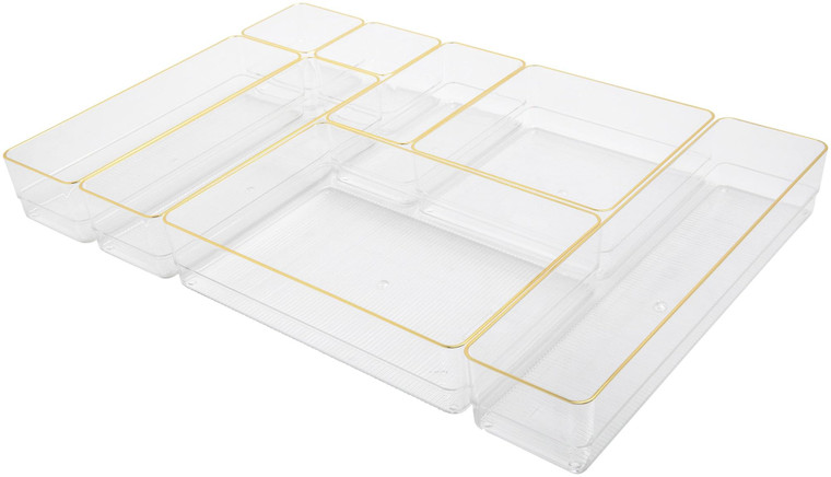 Martha Stewart Kerry Plastic Stackable Office Desk Drawer Organizers, Set of 8, with Gold Trim
