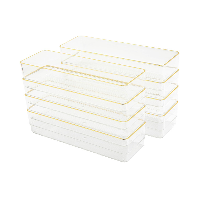 Martha Stewart Kerry Plastic Stackable Office Desk Drawer Organizers, 9" x 3", 8 Pack, with Gold Trim