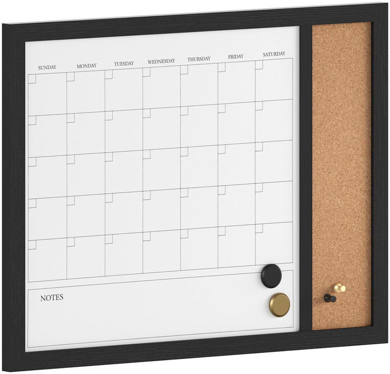 Martha Stewart Everette Magnetic Dry Erase Monthly Calendar and Cork Board Combo with Included Marker, Magnets, and Push Pins, 24"x18", Black Woodgra