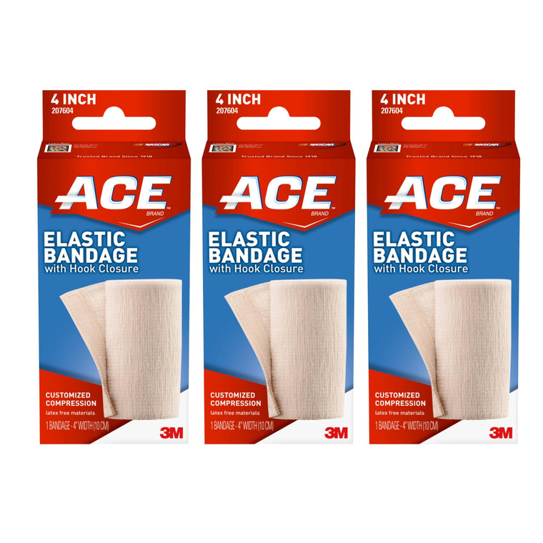 ACE Elastic Bandage with Hook Closure, 4 Inches Wide, Pack of 3  Adjustable Compression Wraps for Injury Support and Recovery