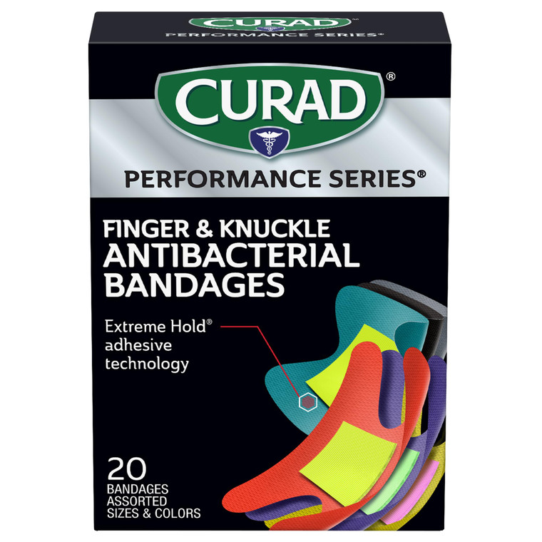 Curad Performance Series Fingertip and Knuckle Antibacterial Bandages, Extreme Hold Adhesive Technology, Fabric Bandages, 20 Count