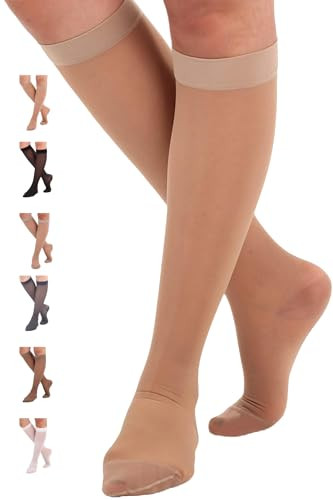 ABSOLUTE SUPPORT Sheer Compression Socks for Women 15-20 mmHg - Support Hose Knee High Stockings, Natural, Medium