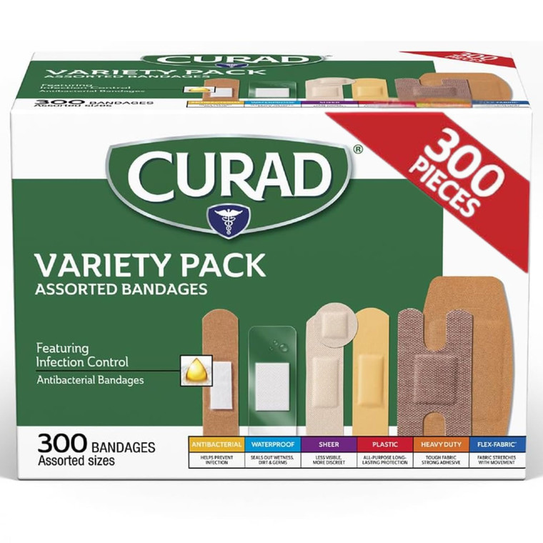 CURAD Assorted Bandages Variety Pack, 300 Count, 6 Styles Including Antibacterial, Waterproof, Sheer, Plastic, Heavy Duty & Flex-Fabric, Protects Scr