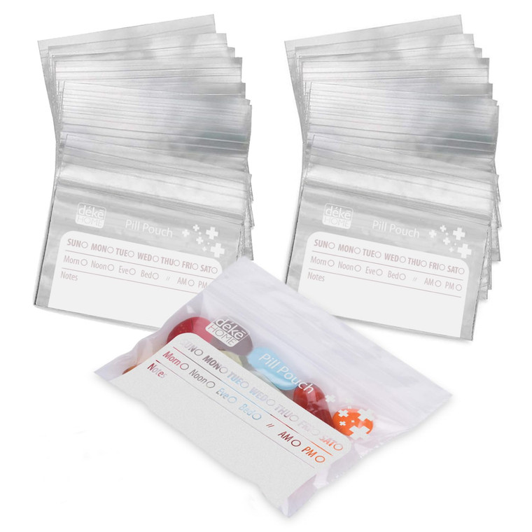 Deke Home - 100 Pack Clear Resealable Pill Bags (4x2.75 in), Travel Medicine Pouches with Write-On Label, BPA-Free Disposable Pill Organizer for Medi