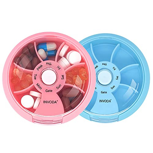 INVODA Weekly Pill Organizer 7 Compartment Rotating Pill Box for Daily Medication & Vitamins - Portable Travel Pill Case Fish Oil Supplements Vitamin