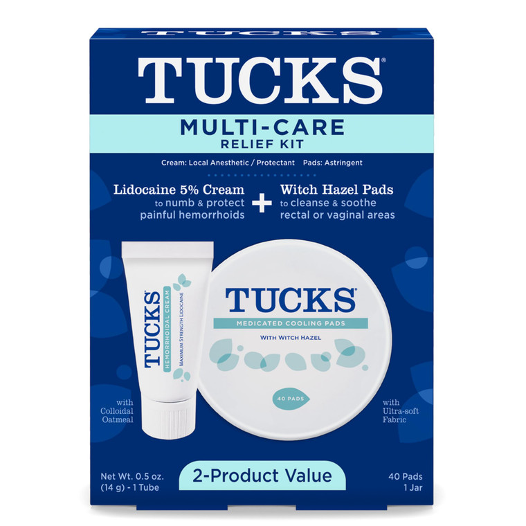 Tucks Multi-Care Relief Kit  40 Count Witch Hazel Pads & 0.5 oz. Lidocaine Cream - Protects from Irritation, Hemorrhoid Treatment Medicated Pads Use