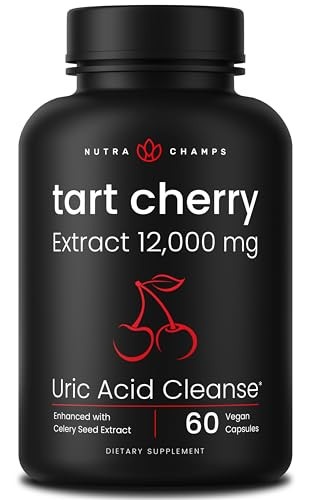 NutraChamps Organic Tart Cherry Extract Capsules 12,000mg - Made from Montmorency Tart Cherry Concentrate, Celery Seed & Bilberry - Uric Acid Cleanse