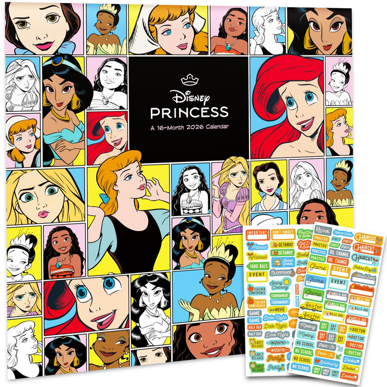 Disney Princess Calendar 2026 - Deluxe 2026 Princesses Wall Calendar Bundle with Over 100 Reminder Stickers Featuring Ariel, Belle, Cinderella, More