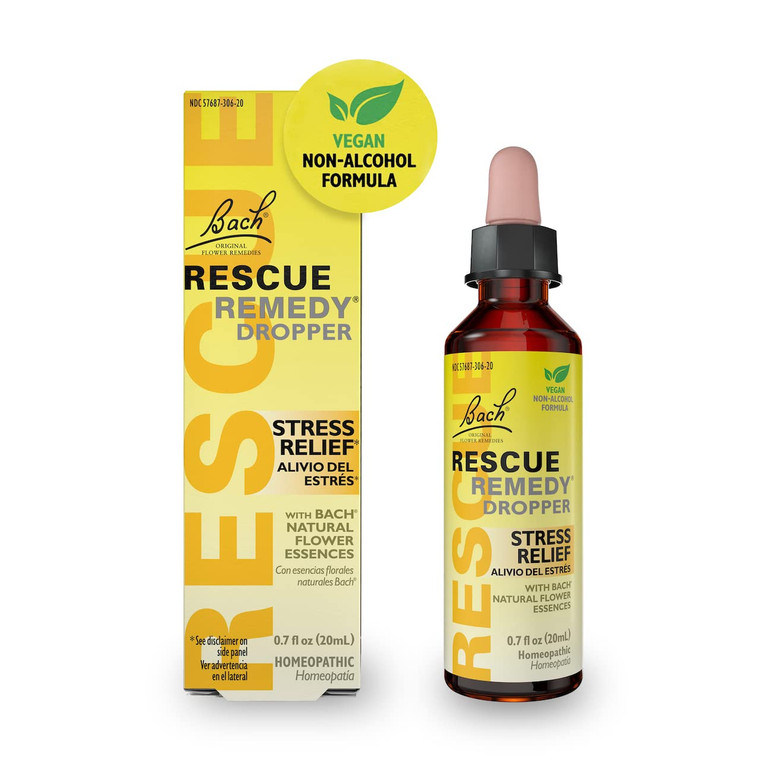 RESCUE Bach Remedy Dropper 20mL, Natural Stress Relief, Homeopathic Flower Essence, Vegan, Gluten & Sugar-Free, Non-Habit Forming (Non-Alcohol Formul