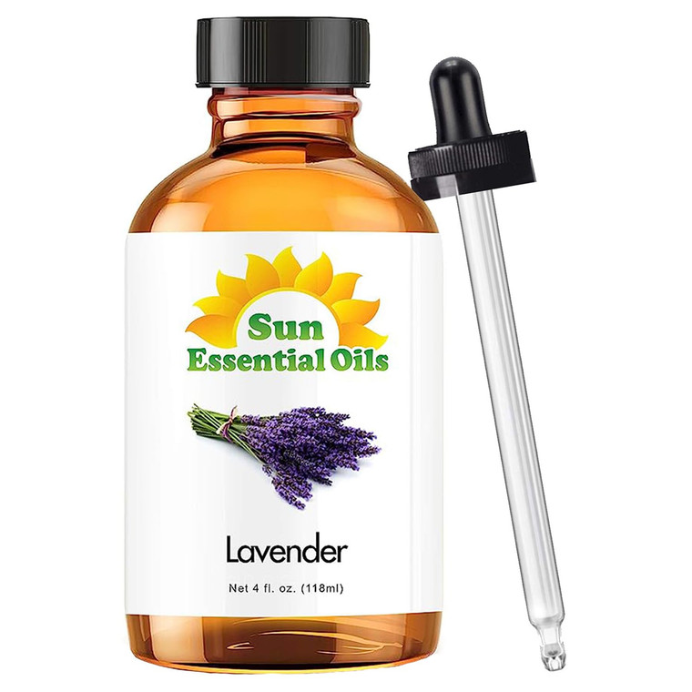 Sun Essential Oil - Lavender Essential Oil 4 oz (118 ml) with Dropper for Diffuser, Humidifier, Skin, Aromatherapy Massage, Scented for Soap & Candle