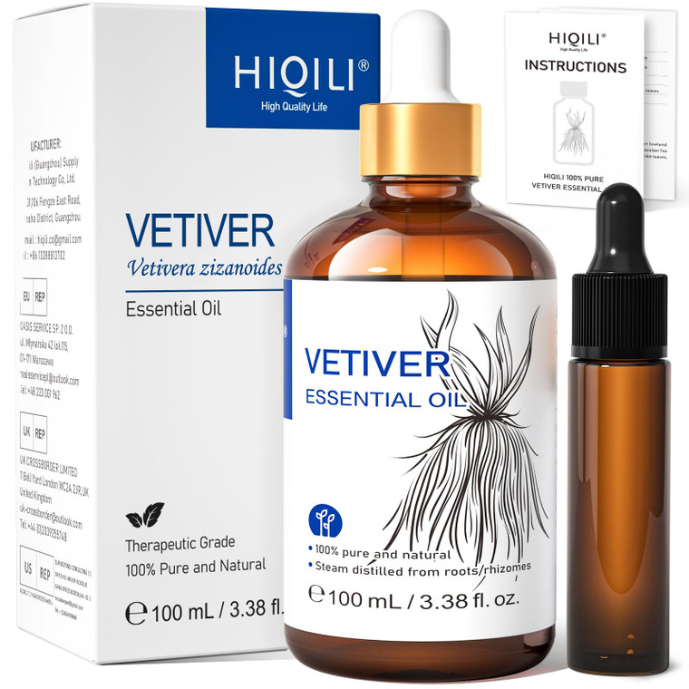 HIQILI 100ML Vetiver Essential Oil, 100% Pure Natural for Diffuser Calm and Relation- 3.38 Fl Oz
