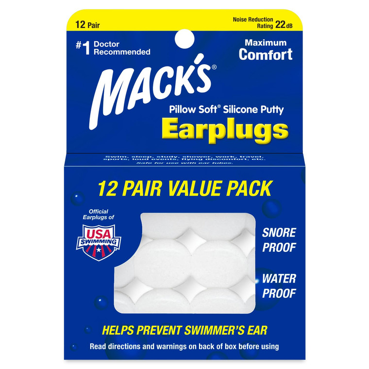 Mack's Pillow Soft Silicone Earplugs, 12 Pair  The Original Moldable Silicone Putty Ear Plugs for Sleeping, Snoring, Swimming, Travel, Concerts and